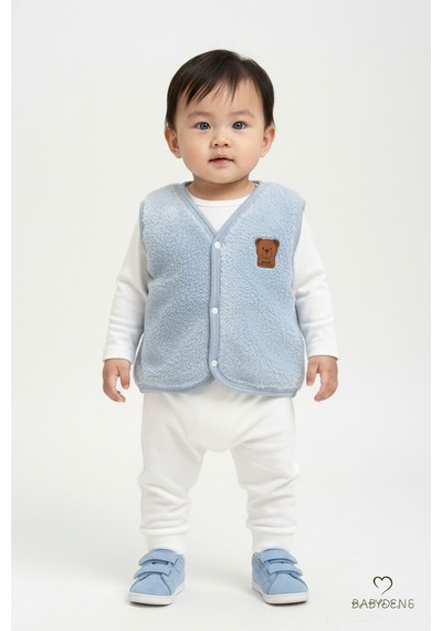 Babyden's Welsoft Erkek Bebek Çocuk Çıtçıtlı Yelek Ayıcık Armalı, Yumuşak Peluş Bebek Yeleği Bebe Mavisi