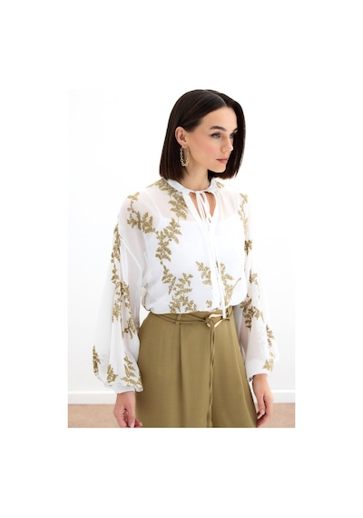 Sateen Nakışlı Şifon Gömlek - Haki-136181 Haki