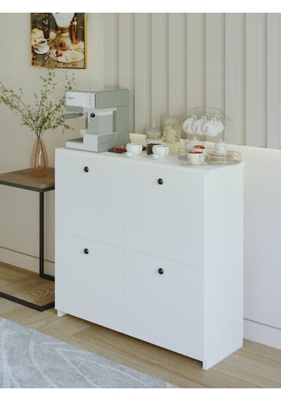 4 Kapak 4 Raflı Kahve Köşesi Çok Amaçlı Kahve Dolabı Beyaz Beyaz