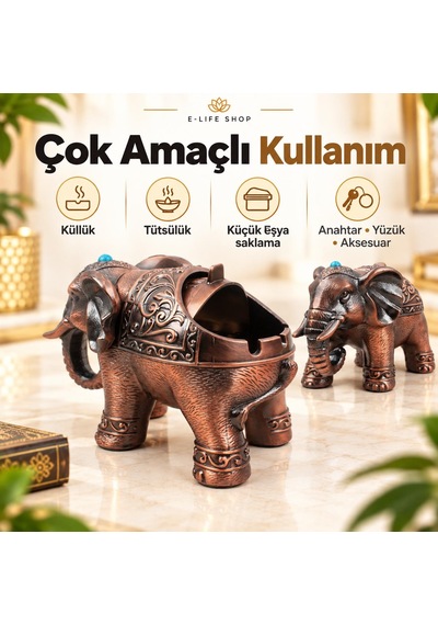 Lüks Alaşım Metal Fil Figürlü Kapaklı Dekoratif Küllük Ve Takı Saklama Kutusu Metal Biblo 18 X 12 Cm