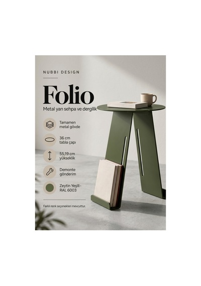 Folio Modern Metal Yan Sehpa Ve Dergilik, Yuvarlak Koltuk Kenarı Kitaplık Sehpa Yeşil - 945341616 Yeşil
