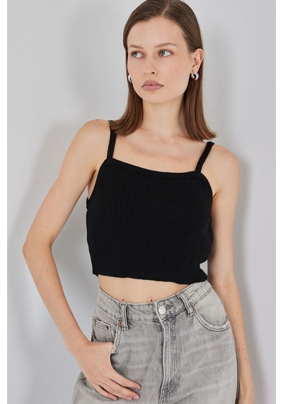 Hiccup Bdart Kare Yaka Ribana Örgü Crop Top Siyah
