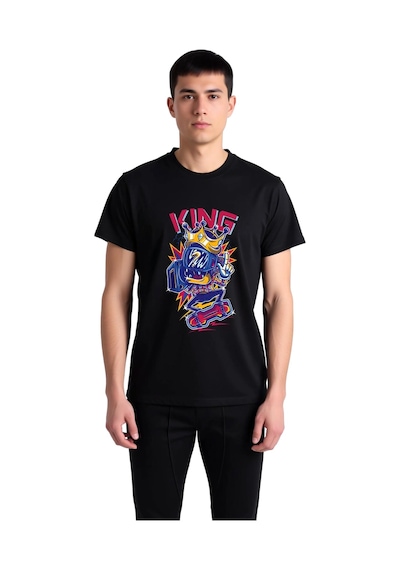 Paybuy Kral Karikatür Tasarımı Baskılı Erkek Tişört Siyah