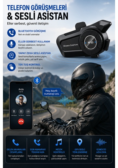 Y50 Bluetooth Kask Kulaklığı Motosiklet İnterkomu 1800mah Batarya 60 Saat Kullanım Ipx6 Mikrofonlu Kulaklık