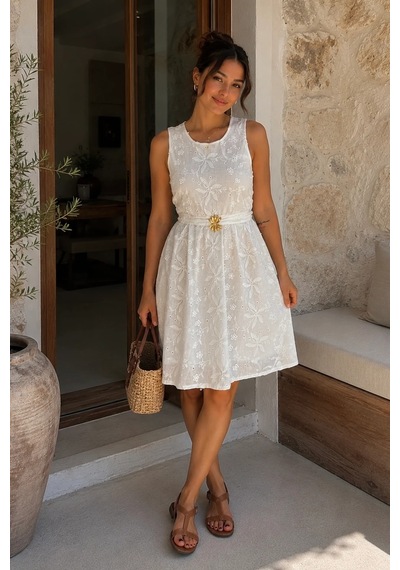 Bb Butik Basic Kadın Nakış İşlemeli Keten Elbise Bisiklet Yaka Kemer Detaylı Mini Elbise My3535 Ekru Bb Butik Basic Kadın Nakış İşlemeli Keten Elbise Bisiklet Yaka Kemer Detaylı Mini Elbise My3535 Ekru