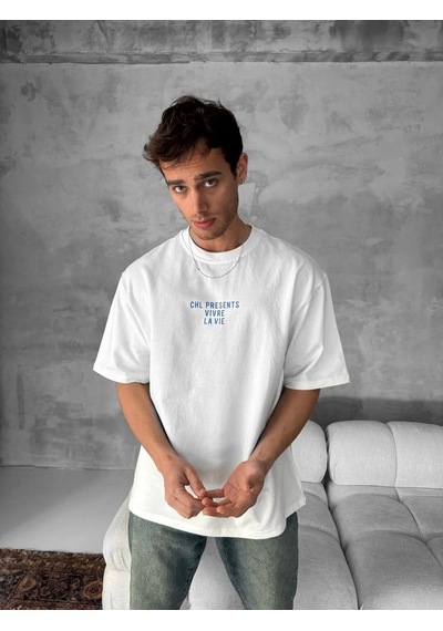 Barlashive Erkek Ön Ve Arka Baskılı T-shirt Kısa Kol Bisiklet Yaka Regular Fit Tişört - Beyaz Çok Renkli