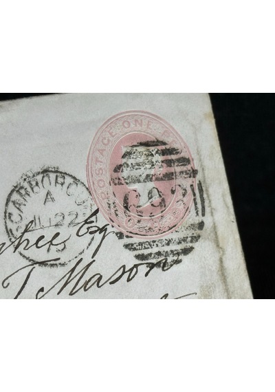 İngiltere Klasik Dönem 1870 Victoria Dönemi Pink Penny Kendinden Pullu Antiye Zarf Varış Damgalı