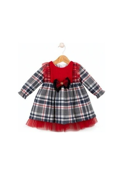 Cantoy Kız Bebek Ekose Desenli Kırmızı Tasarım Elbise-15219 Kırmızı