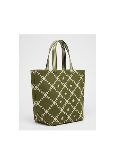 Qoolest Kadın Geometrik Desenli Büyük Boy Shopper Omuz Çantası Çizgili Saplı Tote Çanta Yeşil