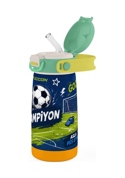 Puccon 420 Ml Erkek Çocuk Lacivert Yeşil Futbol Topu Baskılı Pipetli Çelik Okul Suluğu Matarası - 60029 Çok Renkli