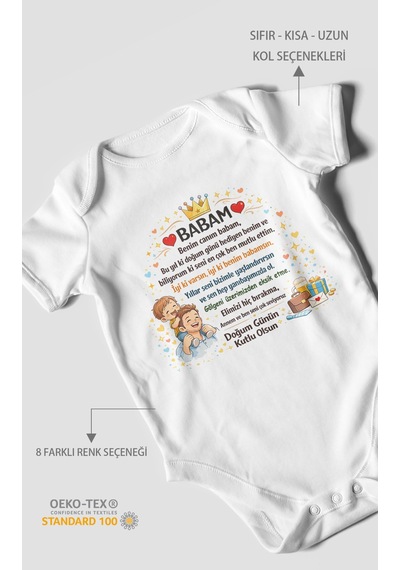 Morivokids Babam Doğum Günün Kutlu Olsun Kısa Kollu Bebek Body %100 Pamuk Beyaz