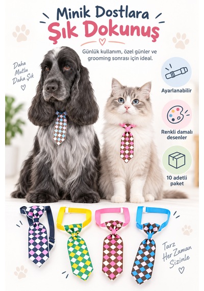 Showtech Kedi Ve Köpek Damalı Desenli Kravat Boyun Aksesuarı 10'lu Paket