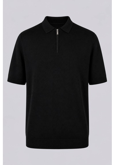 Trender Düz Yarım Fermuarlı Siyah Erkek Polo Yaka T-shirt 16357-15965