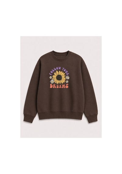 Herkesemoda Ayçiçek Baskılı 2 İplik Şardonlu Bisiklet Yaka Sweatshirt Kahverengi
