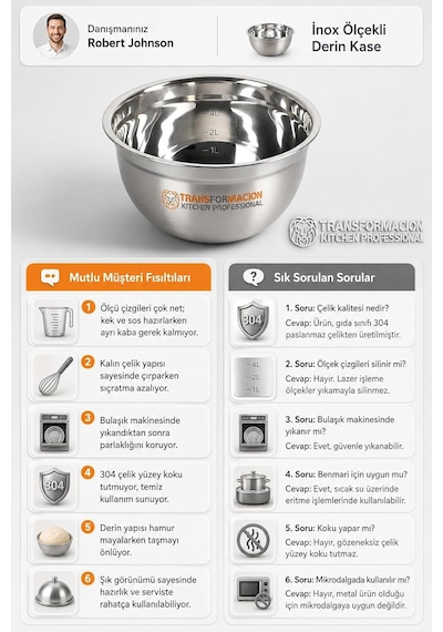 Transformacion Inox Ölçekli Derin Kase - 28 Cm 4 Litre Karıştırma Kabı Profesyonel 304 Paslanmaz Çelik 721844 Diğer