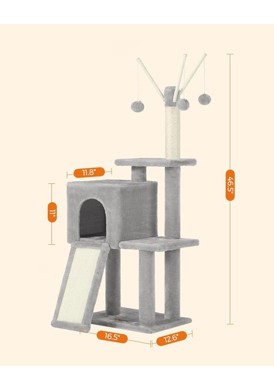 Tr Pct143w01 Kedi Ağacı, Tırmalama Tahtalı, 3 Çıkarılabilir Ponpon Çubuğu, 118 Cm, Açık Gri
