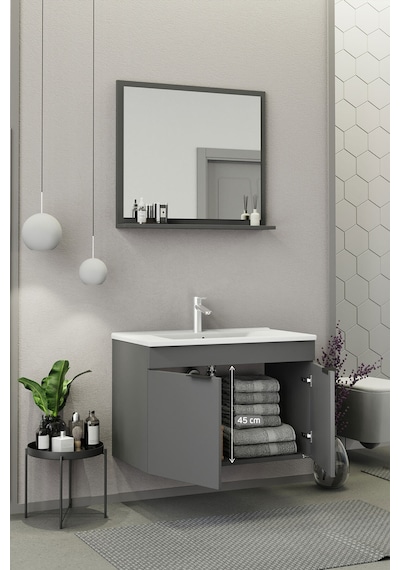 Biani Fix Arya 85 Cm Banyo Dolabı,Seramik Lavabolu, Aynalı,Lavabo Dahil,Mdf,Mat Gri