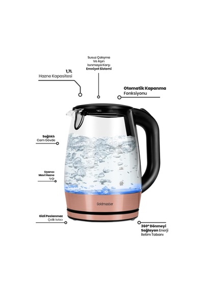Honey Su Isıtıcı, 1.7 L, Pembe, Cam, Kettle, 220-240v, Rose Gold, 2200w