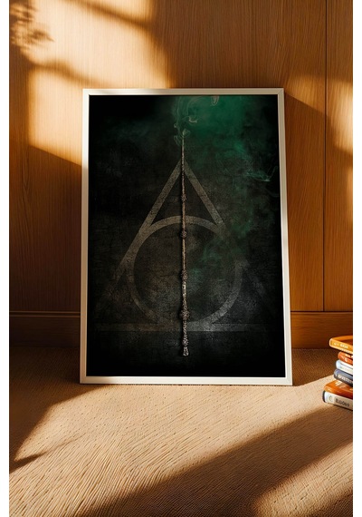 Harry Potter Mürver Asa Çerçeveli Tablo - Lüks Ölüm Yadigarları Modern Duvar Dekoru Siyah Yeşil Beyaz