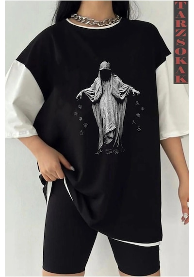 Startmore Siyah Oversize Çift Renk Dreadles Baskılı Unisex Tshirt Beyaz