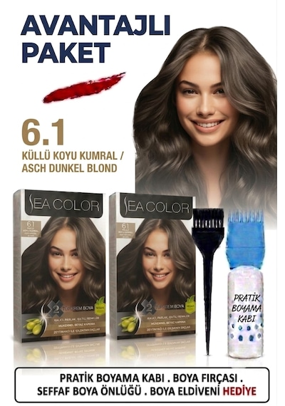 Sea Color Set Saç Boyası 6.1 Küllü Koyu Kumral 2 Li 2 Kutu+pratik Boya Kabı