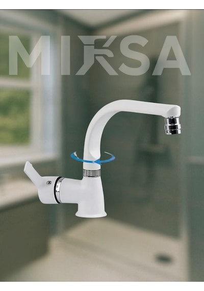 Beyaz-krom Armut Balıksrıtı Borulu Oynar Başlıklı Perlatörlü Banyo Lavabo Bataryası, Çiftsugirişli