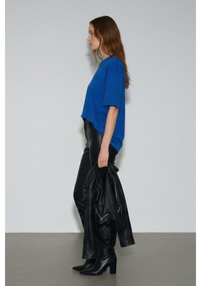 Soft&Basic Kadın %100 Organik Pamuk Oversize Fit Basic Yuvarlak Yaka T-shirt İndigo
