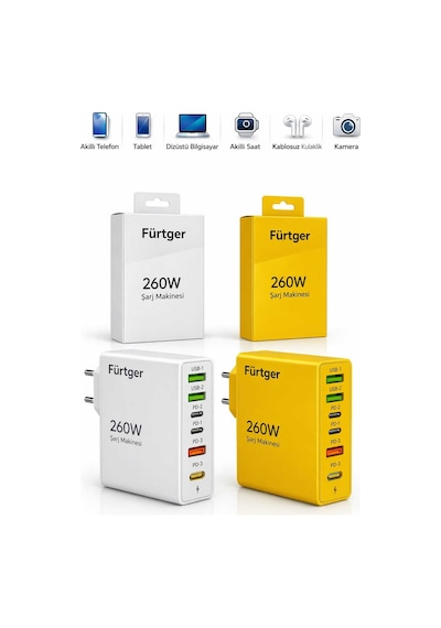 Fürtger German Frt-25w Sb 2 Li Set 260w 3 Type-c + 3 Usb-a Toplam 6 Çıkışlı Süper Hızlı Şarj Aleti Beyaz + Sarı
