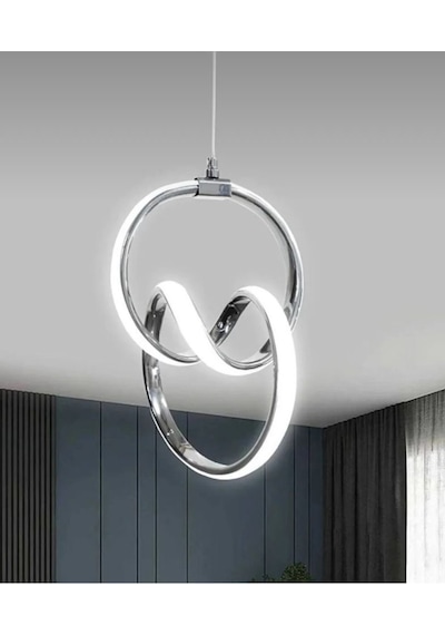 Çift Daireli Krom Led Avize Beyaz Işık Gümüş
