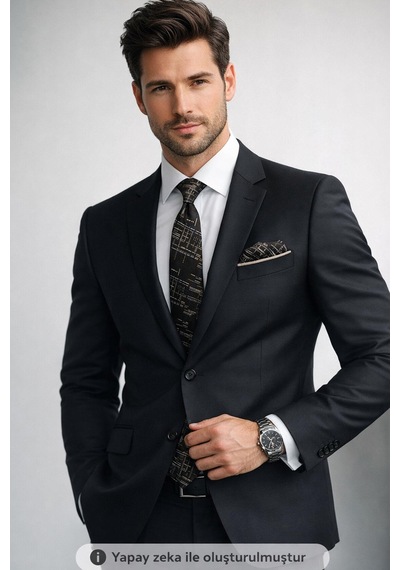 Gaffy Bej Lacivert Kırcıl Desenli Kahverengi Dokuma Kumaş Mendilli Slim Fit Kravat // Sdk-2611-5 Kahverengi