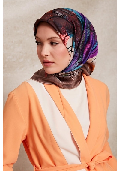 Levidor Karmaşık Desen Twill İpek Eşarp-0915 Kahve