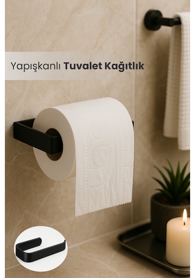 Yapışkanlı Lüks Tasarım Lamalı Tuvalet Kağıtlığı - Modern Banyo Kağıt Havluluk - Delmeden Montaj Siyah