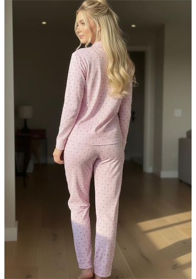 Siyah İnci Mevsimlik İnce Düğmeli Örme Pijama Takım 7978 Pembe Gri Çizgili