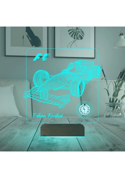 Luvivia Formula 1 F1 Yarış Arabası Tasarım Kişiye Özel Metal Saatli 3d Lamba - Masa Gece Lambası Şeffaf
