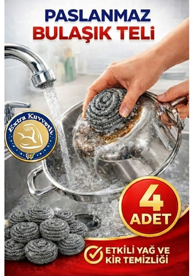 Bulaşık Teli Ovma Teli 4 Adet Pratik Ekonomik Toptel Sürtme Teli Lavabo Mutfak Banyo Temizlik Teli Sert Yüzey İçin