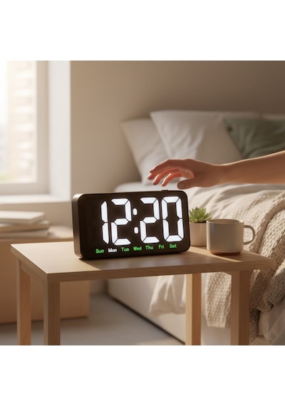 Modern Led Dijital Alarm Saat Büyük Ekranlı, Gün Göstergeli, Şık Masaüstü Saat Beyaz