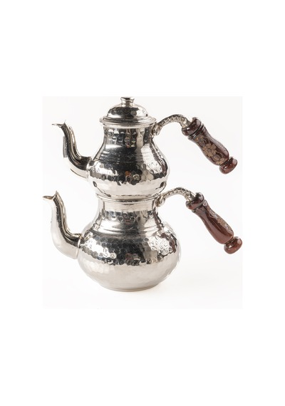 Dmt Gaziantep Bakır Çaydanlık Takımı Ağır El Dövmesi Alt:12 Cm Üst:8,5cm Toplam:1,3lt Ahşap Kulp Gümüş