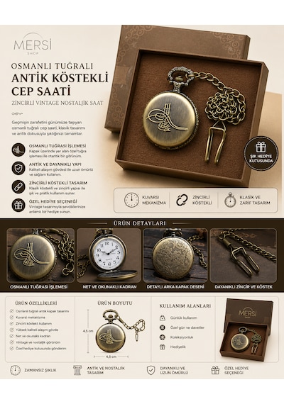 Osmanlı Tuğralı Antik Köstekli Cep Saati Zincirli Vintage Nostaljik Saat 4,5 Cm