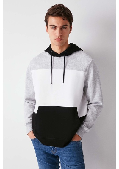 Grimelange Clyde Erkek Bloklu Kapüşonlu Kordonlu Içi Polarlı Siyah Sweatshirt