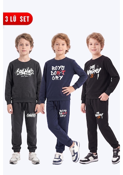 Panios Kids 3'lü Erkek Çocuk Baskılı Bisiklet Yaka Çift Cepli Eşofman Takımı Füme-lacivert-siyah