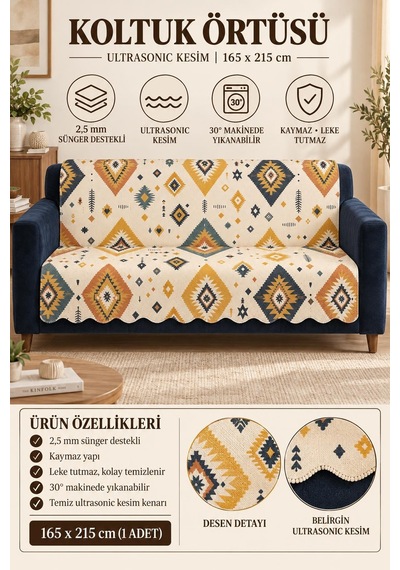 Çok Amaçlı Kadife Koltuk Örtüsü Kaymaz Süngerli 165x215 Cm Modern Bohem Çekyat Şalı Piknik Masa Örtüsü Alk9 Bej