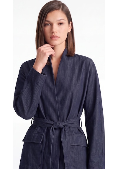 CEMO Denim Görünümlü Kuşaklı Ve Cepli Kimono Ceket Lacivert