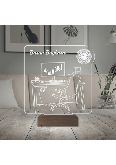 Luvivia Bilgisayar Trader Borsacı Broker Kişiye Özel Metal Saatli 3d Lamba - Masa Gece Lambası Şeffaf