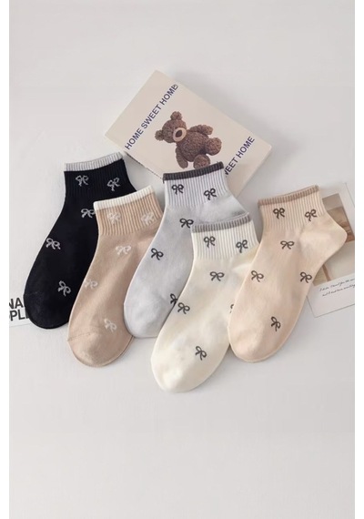 Hitit Socks Kadın 5 Çift Premium Kalite Mini Kurdale Desenli Sevimli Kısa Kolej Çorap Asorti