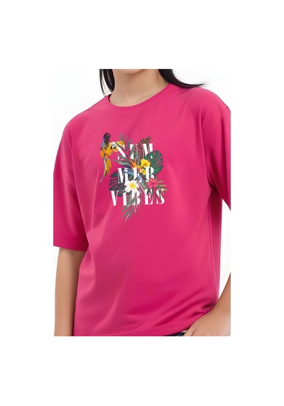 Fyk Kids Kız Çocuk Basic Summer Papağan Baskılı T-shirt Fuşya