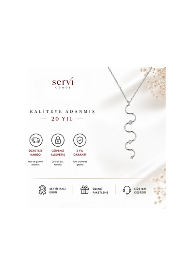 Servi 925 Ayar Gümüş Zirkon Taşlı Dalga Formlu Uzun Kolye-444
