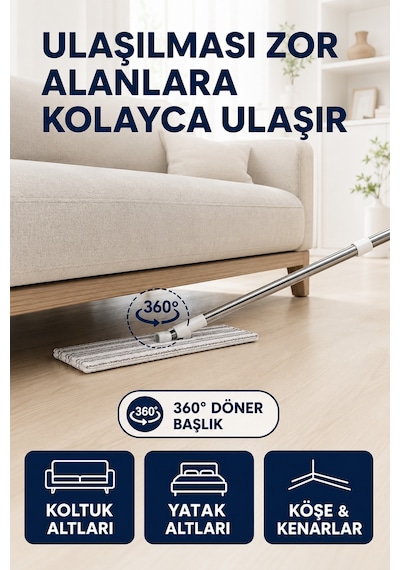 Temiz Ve Kirli Su Ayrımlı Mikrofiber Tablet Mop Ve Kovalı Temizlik Seti 360 Döner Başlık, 2 Yıkanabilir Bez