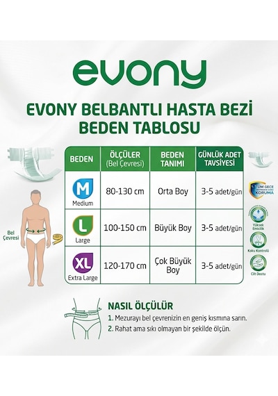 Evony Belbantlı Yetişkin Hasta Bezi Medium 90 Adet 3x30 Paket M