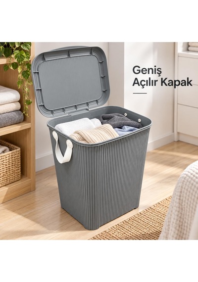 45 L Kapaklı Kirli Çamaşır Sepeti Modern Çizgili Tasarım Taşıma Kulplu Dayanıklı Plastik Banyo, Çamaşır Odası Ve Yatak Odası İçin 40 X 34 X 47 Cm Açık Gri Çok Renkli