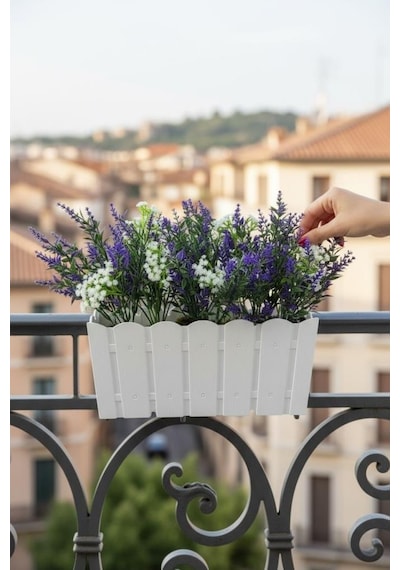 Yapay Çiçek Beyaz Balkon Saksıda Küpeşte Askılı Lavanta Ve Cipso Çiçeği 50cm